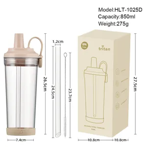 850ml Tritan boba cup with wide straw and magnetic handle shown with size dimensions