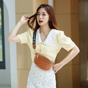Brown quilted crossbody waist bag with diamond pattern and LOVE slogan wide strap