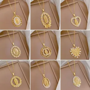 Vintage Gold Plated Stainless Steel Chain Copper Zirconia Virgin Mary Pendant Necklace Religious Portrait Jewelry For Women