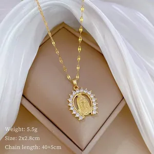 Religious necklace with gold Virgin Mary pendant surrounded by sparkling cubic zirconia