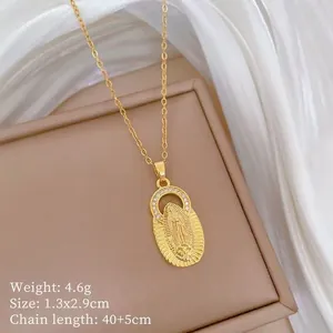 Detail of gold Virgin Mary pendant with micro-pave crystals and dimensions info