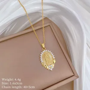 Detailed view of Virgin Mary oval pendant necklace with dimensions 1.6x3cm and 4.4g weight