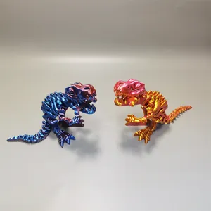 3D printed T-Rex skeletons with metallic silk finish in blue-purple and red-orange colors