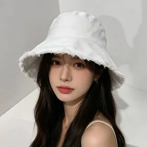Reversible Bucket Hat Cotton Canvas Frayed Edge Raw Hem Sun Protection Foldable Harajuku Casual Streetwear Women Men