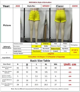 Size chart for low-rise frayed yellow denim shorts with material and fit details