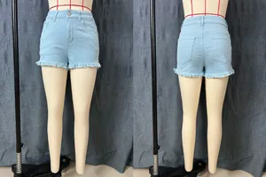 Front and back view of light blue denim shorts with frayed edges and distressed details