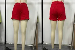 Detailed front and back view of red denim shorts featuring frayed hems and five pockets