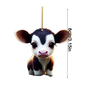 Cartoon cow acrylic Christmas tree ornament with golden string, 8cm decorative pendant