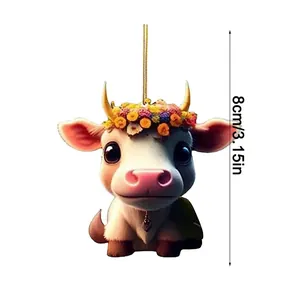 Detail showing an 8cm cute cartoon cow acrylic ornament with measurements for home decor