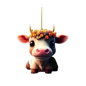 Cartoon cow Christmas tree ornament with flower wreath and bell for home decor