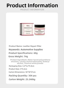 Detailed specs of 60g leather repair filler with ingredients and product dimensions