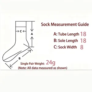 Guide des tailles de chaussettes vintage montrant longueur 18cm et largeur 8cm, 24g