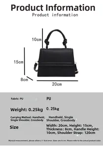 Detailed size chart for the black PU leather crossbody bag showing dimensions and handle height