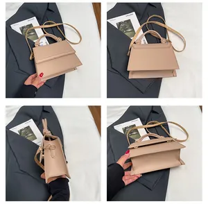 Detailed views of apricot trapezoid handbag with knotted handle and adjustable strap