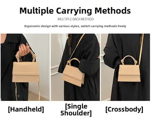 Beige PU leather small square bag shown in handheld, shoulder, and crossbody styles