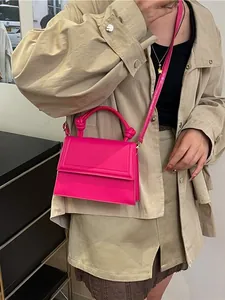 Solid bright fuchsia crossbody small square bag with knot handle for women fashion