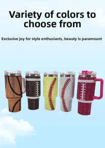 Detail of 40oz stainless steel tumblers with rhinestone sports patterns and handles