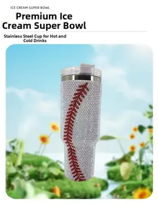 Detailed view of 40oz stainless steel tumbler with baseball pattern and white rhinestones