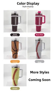 Detail display of 40oz rhinestone tumblers with sports patterns in five vibrant colors