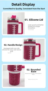 Macro detail of pink rhinestone tumbler with football pattern, handle and lid features