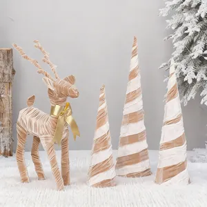 Christmas Reindeer Ornament Spire Tree Decoration Velvet Wrapped Iron Frame Elegant Gold Bow Holiday Home Desktop Display