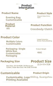 Specifications for acrylic evening shell clutch bag showing size 22.5x11x7cm and 486g weight