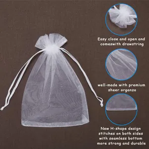 Pochon en organza blanc avec cordon, coutures renforcées en H et base sans couture
