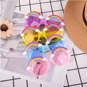 Detailed view of colorful rainbow-themed kids sunglasses in purple, yellow, and blue