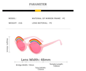 Size chart showing dimensions for children rainbow sunglasses made of durable PC material