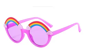Detail of purple children's sunglasses with cute rainbow and 3D cloud decorations