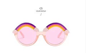 Close-up of pink translucent kids sunglasses with rainbow and cloud decorations