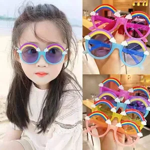 Cute kids rainbow sunglasses with round frame and white clouds for boys and girls