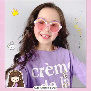 Cute kids rainbow sunglasses with pink round frames and white clouds for girls