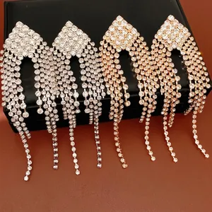 Luxury Copper Rhinestone Rhombus Tassel Earrings With Silver Earring Post Geometric Long Drop Earrings For Women Jewelry