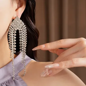 Close-up detail of luxurious silver rhinestone diamond tassel earrings on a model