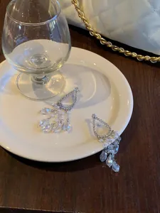 Elegant zircon water drop tassel earrings displayed on a white plate with luxury props