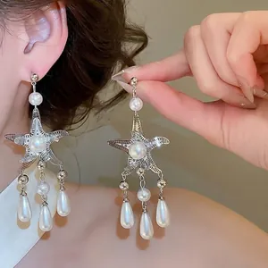 Women Elegant Starfish Water Drop Tassel Artificial Pearl Stud Earrings With Silver Earring Post Silver Color Luxurious Dangle Earrings For Party Jewelry