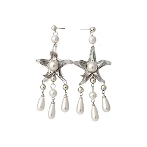 French style silver starfish stud earrings with elegant pearl tassel drops for women