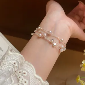 Exquisites Legierung Künstliche Perle Armband Für Damen Mehrlagig Leichter Luxus Prinzessinnen-Stil Strass Handschmuck Rosa Silber Farbe