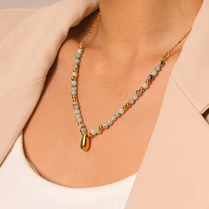Collana di Perline in Pietra Naturale in Acciaio Inossidabile Ciondolo a Goccia d'Acqua Placcato Oro Gioielli da Donna