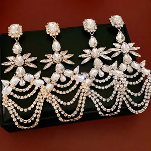Luxury Copper Geometric Rhinestone Water Drop Tassel Earrings With Silver Earring Post For Women Banquet Party Jewelry