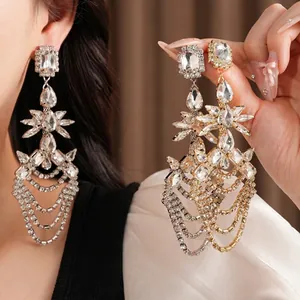 Elegant oversized geometric crystal drop fringe earrings in silver and gold tone finish