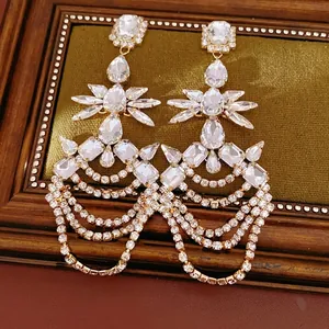 Elegant geometric rhinestone chandelier earrings with long teardrop crystal tassels