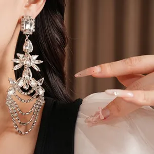Silver needle geometric rhinestone drop tassel earrings with luxurious exaggerated design