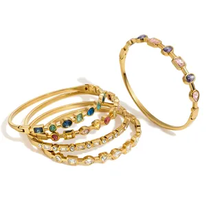 Elegant gold-plated stainless steel bangles set with multi-colored zircon gemstones