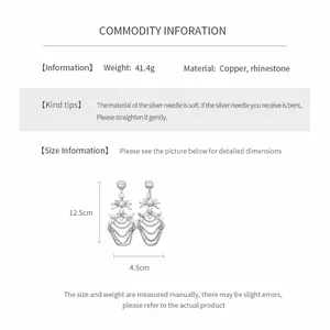 Detailed size and material specifications for long rhinestone tassel drop earrings