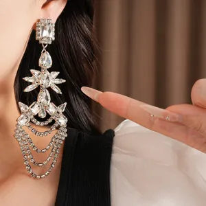 Detailed view of elegant silver needle geometric crystal tassel earrings on model ear