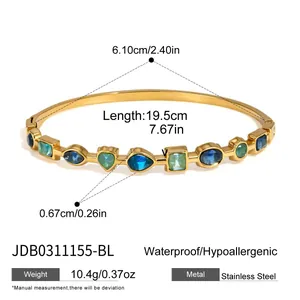 Elegant gold stainless steel bracelet with blue and green geometric gemstone charms
