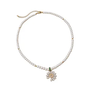 18k gold plated pearl necklace with sparkling zircon daisy flower pendant for women