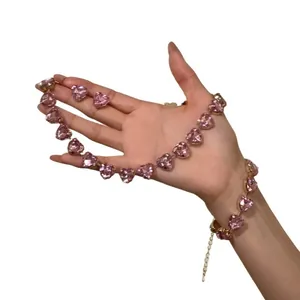 Pink crystal heart jewelry set with necklace bracelet and earrings